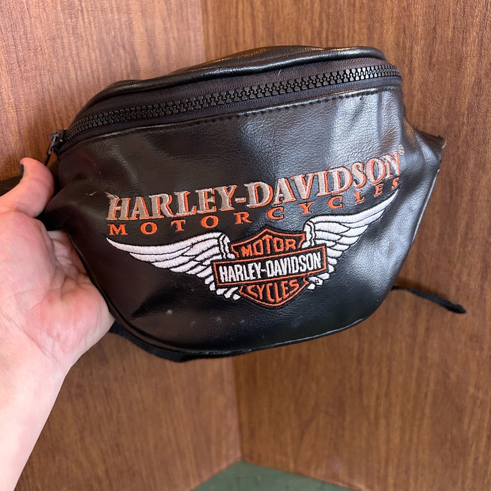 Harley-Davidson Black Leather Fanny Pack with Orange and White Logo